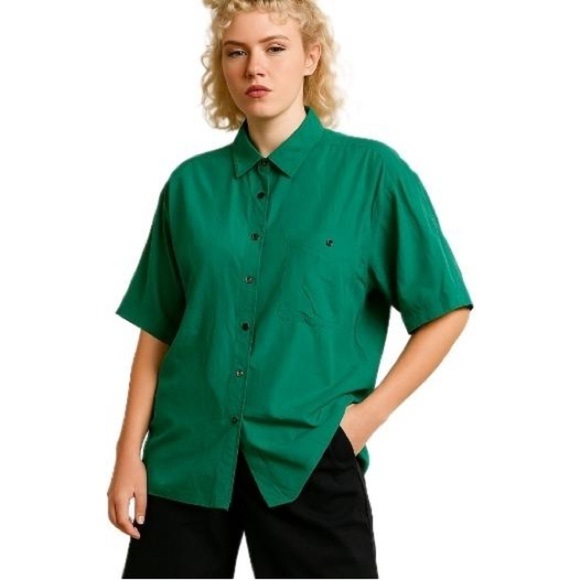 Bentley Tops - Vintage 90s Bentley Teal Silk Oversized Shirt L